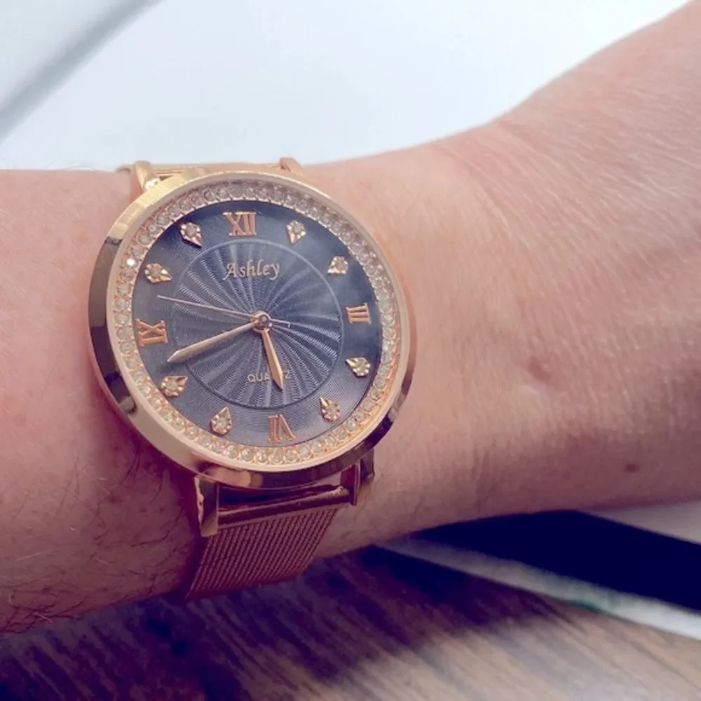 Working! Ashley Rose Gold Mesh Metal Rhinestone Bezel Watch